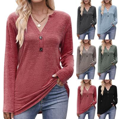 Women's Casual Fashion Comfortable Leisure V-Neck Button T-Shirt Long Sleeve Tops
