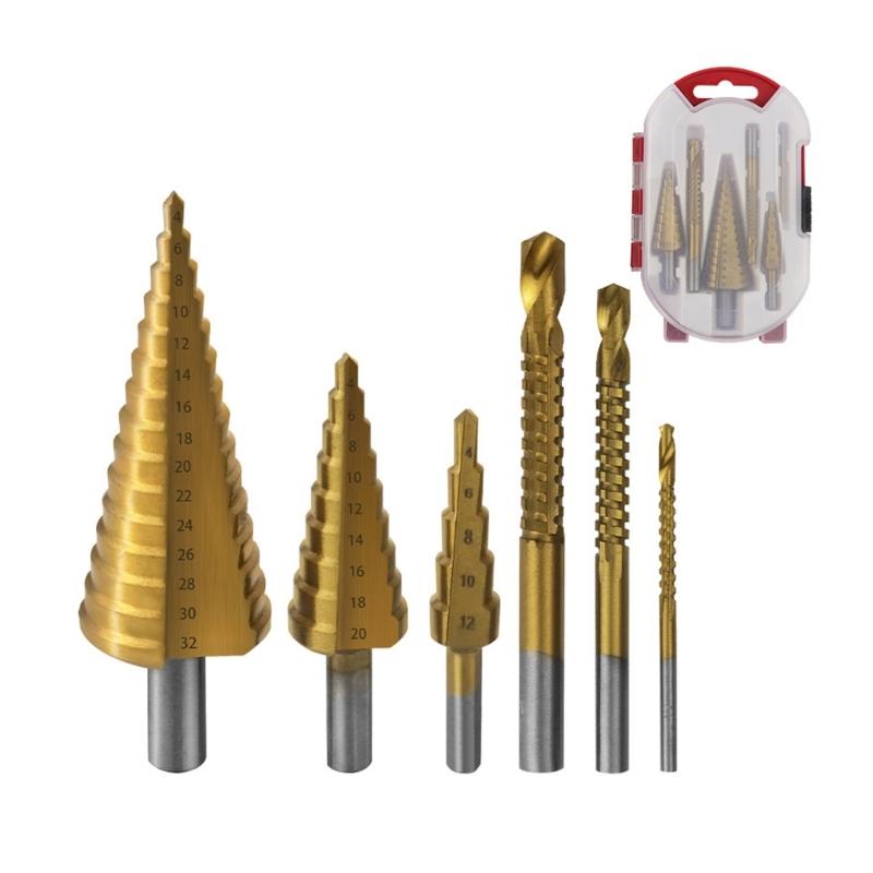 Triangular Shank Step Drill Bits 6Pcs Set High Speed Steel Multiple Material Drilling Woodworking Projects