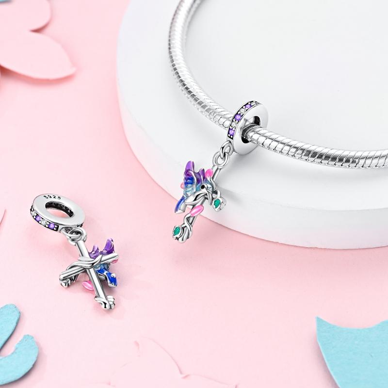 Charms Plata Blue-Purple Hummingbird Crucifix Pendants Fit Original Bracelets Charms For Women Jewelry Diy Making Gifts