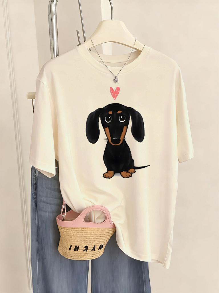 Dachshund With Heart Prints TShirt Womens Summer ONeck T Shirts Comfortable Loose Short Sleeve Tops Casual Soft Woman Clothes
