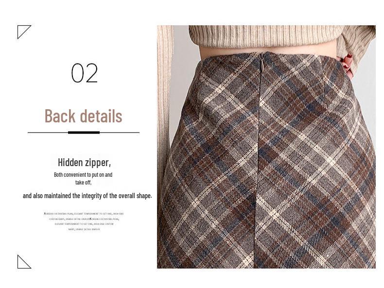 Women's Retro Wool Plaid A-line Skirt - High Waist, Slimming, Anti-exposure, Hip-hugging, Short Korean Style for Autumn/Winter