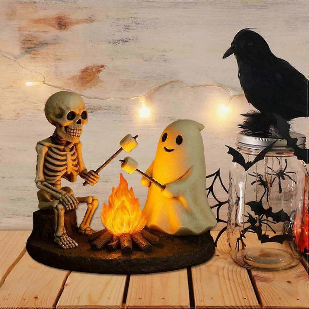 Skeleton and Ghost Bonfire Night Lamp, Halloween Ghost Skeleton Campfire Night Light, LED Ambience Nightlight Decorations for Desktop Bedside Living R