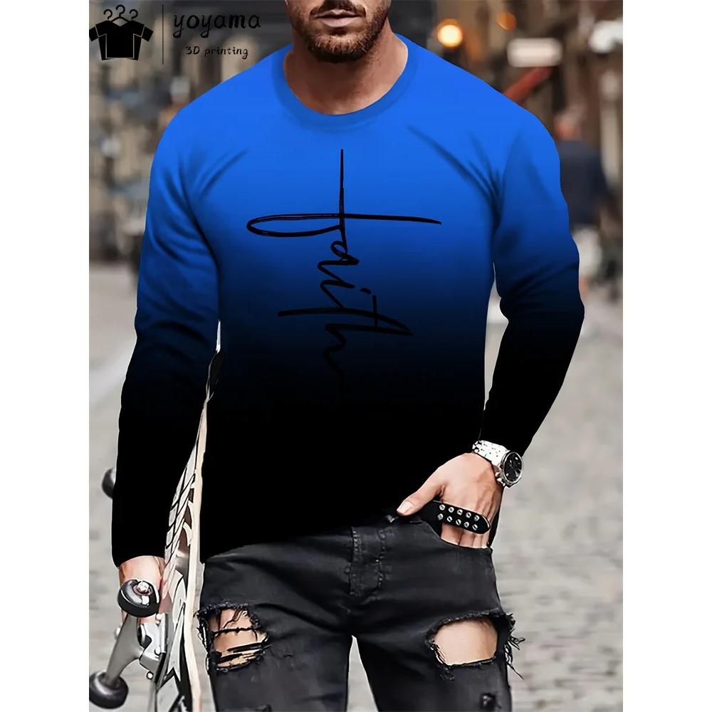 

Men s Letter Faith Cross 3D Print Gradient Long Sleeve T-shirts Spring and Autumn Round Neck Fashionable Casual T-shirts S