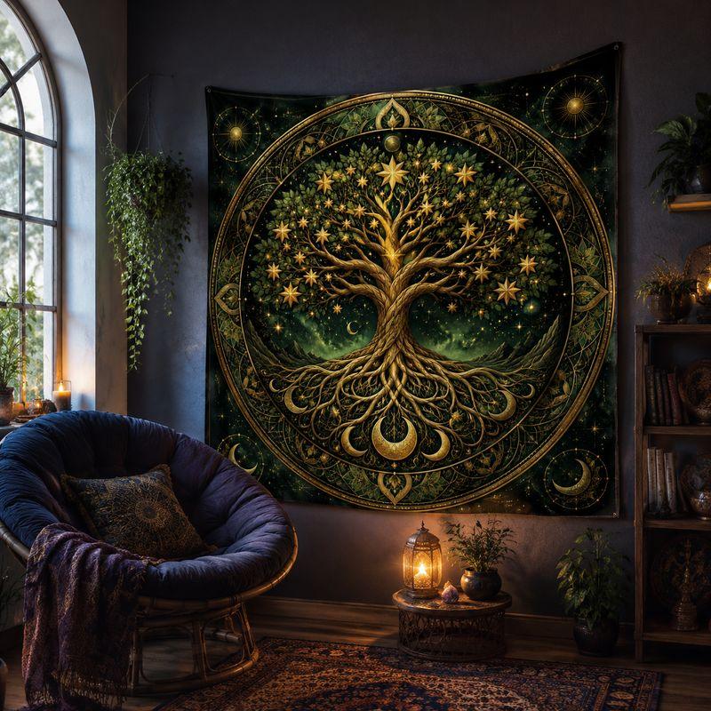 Tree of Life Star Moon Tapestry Bohemian Spiritual Wall Hanging Aesthetic Bedroom Dorm Meditation Home Decor