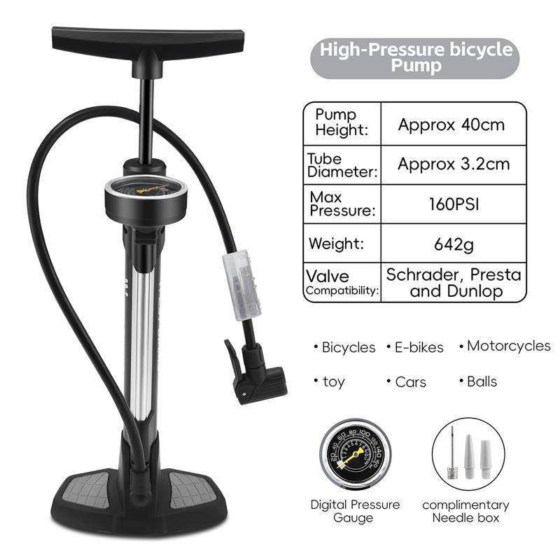 WEST BIKING 160PSI Bicycle Tire Pump Schrader/Presta/Dunlop Valve Bike Inflator Rapid Inflation Digital Pressure Gauge Bike Pump