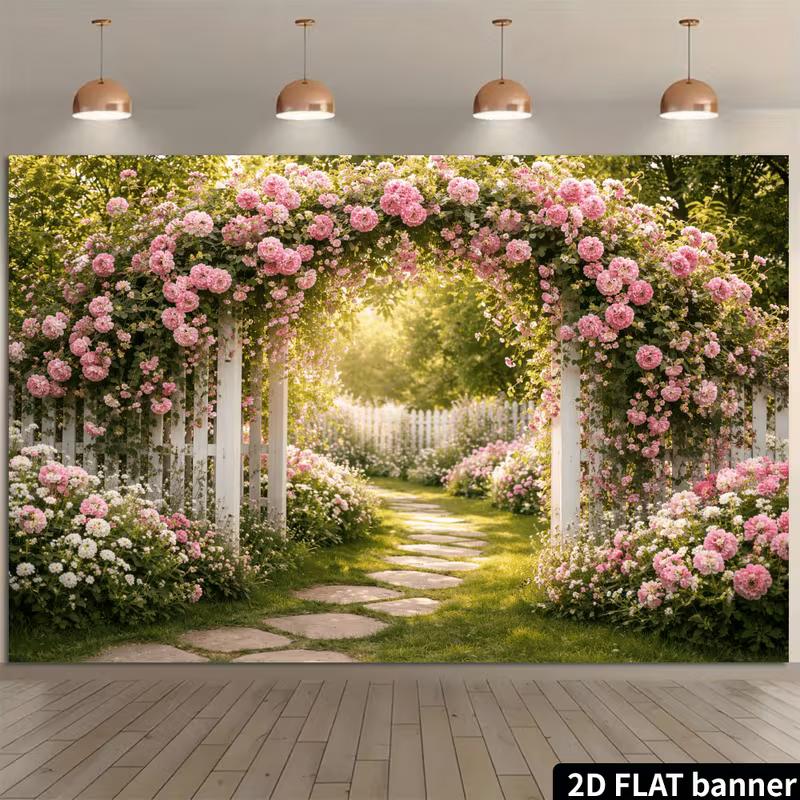 

2D Romantic Floral Garden Background Cloth Lush Pink Roses & White Fence Decor 47.2x31.5inch/120*80cm
