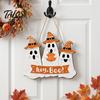 Spooky Party Decorations Black Cat Ghost Door Sign, Halloween Decorative Plaque, Wooden Hanging Plaque Vintage Rustic Decor with Jute Rope,