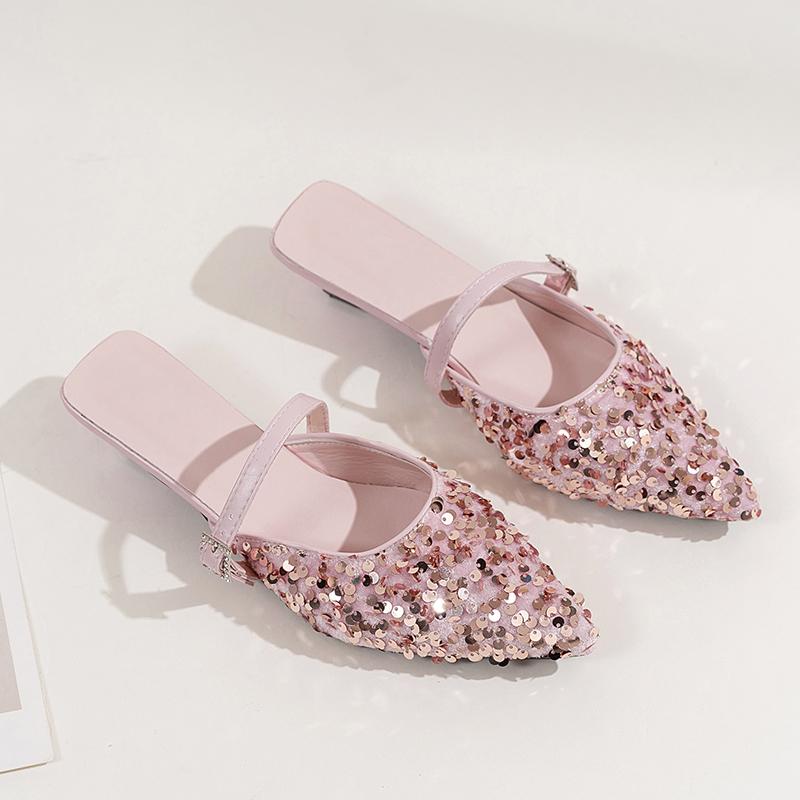 Pointed Sequin Cloth Mesh Breathable Metal Buckle with Non-slip Low Heel Sandals Spring New Bao Toe Slippers