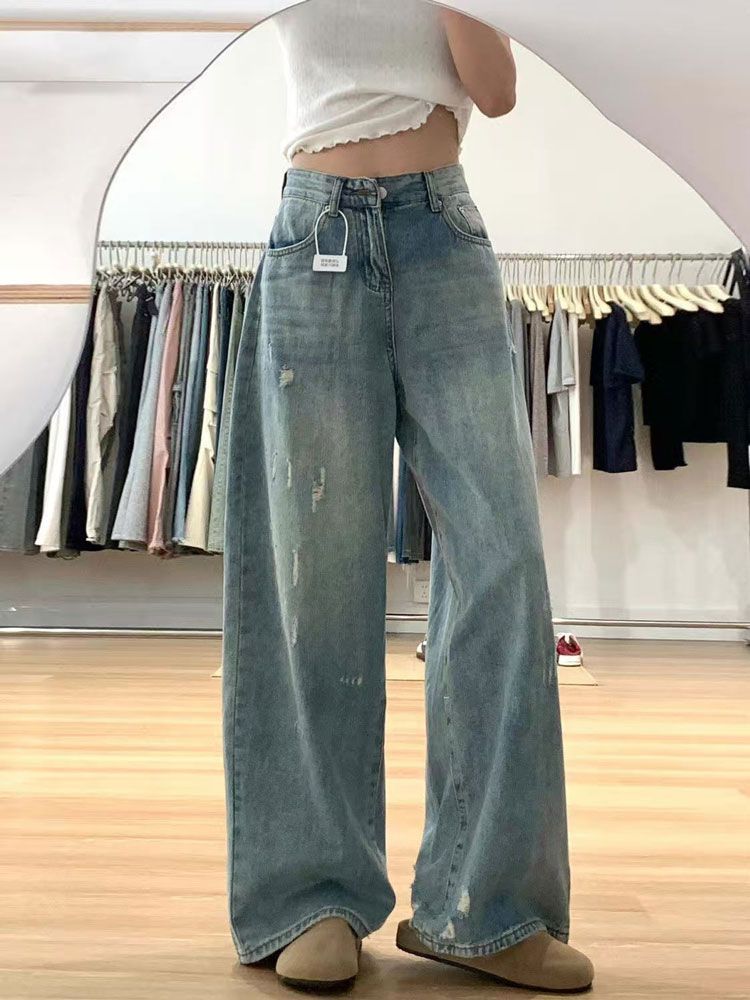 Loose Big Yards Torn Wide-legged Jeans Women Spring and Summer Thin High-waisted Crotch-shading Straight Pants Retro Baggy Long Jeans for Ladies