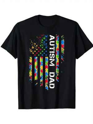 Cotton Autism Dad T-Shirt | Men039;s Casual Short Sleeve Tee with American Flag Des Unisex T-Shirt