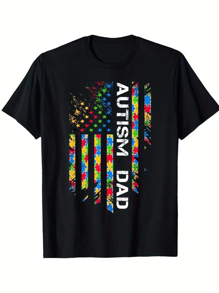 Cotton Autism Dad T-Shirt | Men039;s Casual Short Sleeve Tee with American Flag Des Unisex T-Shirt XXL