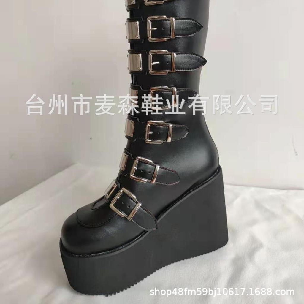 Buckle-up platform boots gothic wedge heels high boots female punk babes knight boots