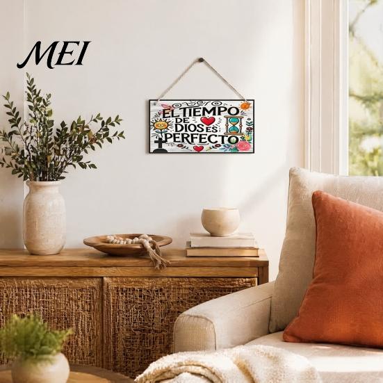 Entrance Wall Hanging Decor Spanish Religious Prayer Ornament with Rose Cross Flower, Inspirational Art Wooden Decorative Pendant for Living