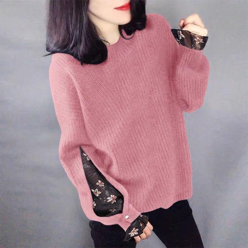 New Autumn Winter Fashion Korean Version Patchwork Contrasting Round Neck Sweater Loose and Versatile Western-style Knitted Top
