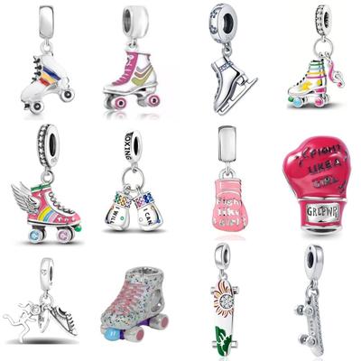 925 Silver Charm Boxing Glove Bead Skateboard Roller Skates Pendant DIY Bracelet Gift for Men Women