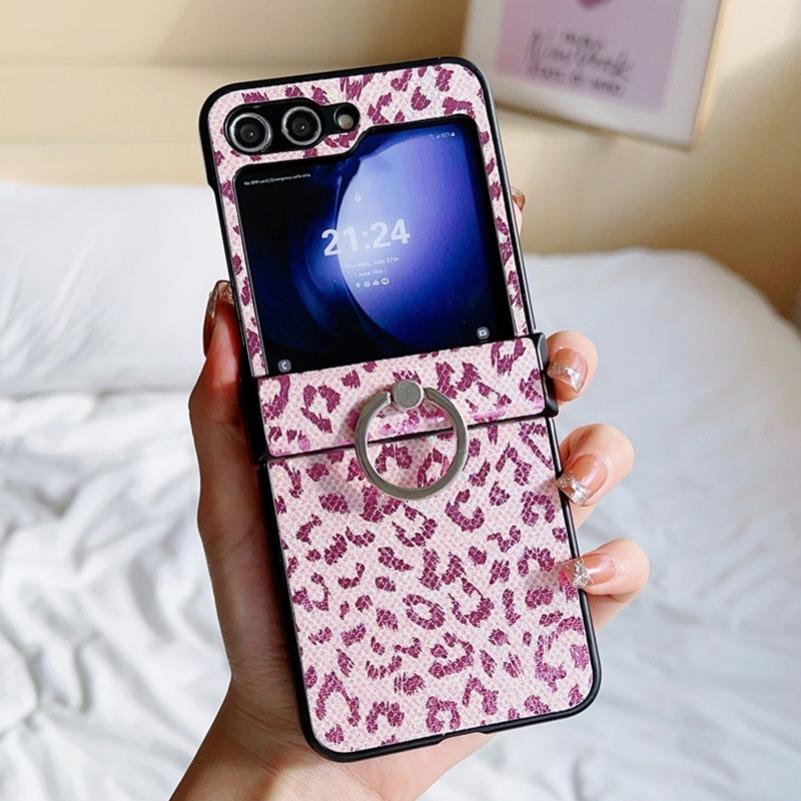 Sexy Leapord Leather Case for Samsung Galaxy Z Flip 7 6 5 4 3 Ring Holder Phone Cases for Samsung Z Flip 6 7 Hinge Fold Cover