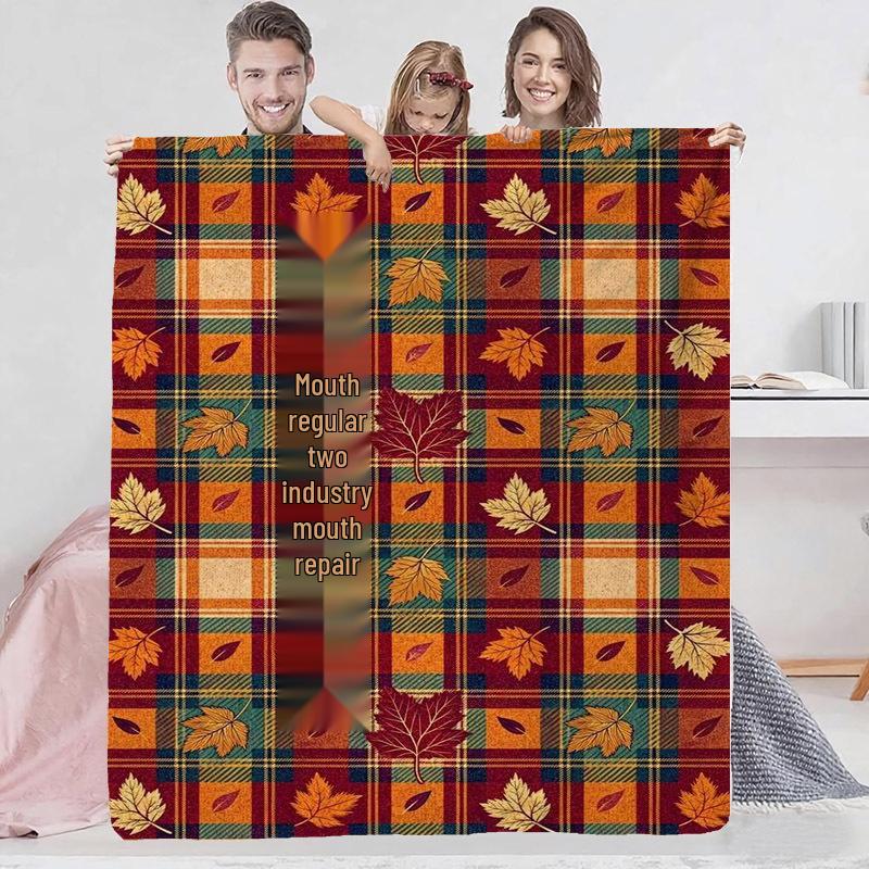 Thanksgiving Flannel Blanket - Maple Leaf & Pumpkin Design Throw for Sofa Decoration