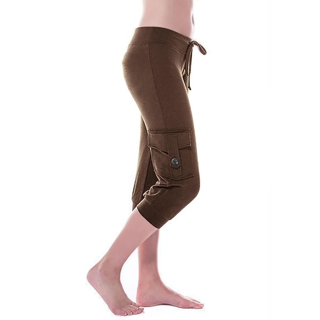 Women's Stretch Waist Button Side Pocket Yoga Cropped Pants