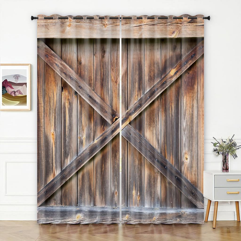 Curtain Series 3D Digital Printing, Simple Wooden Door High Density Blackout Curtain Bedroom