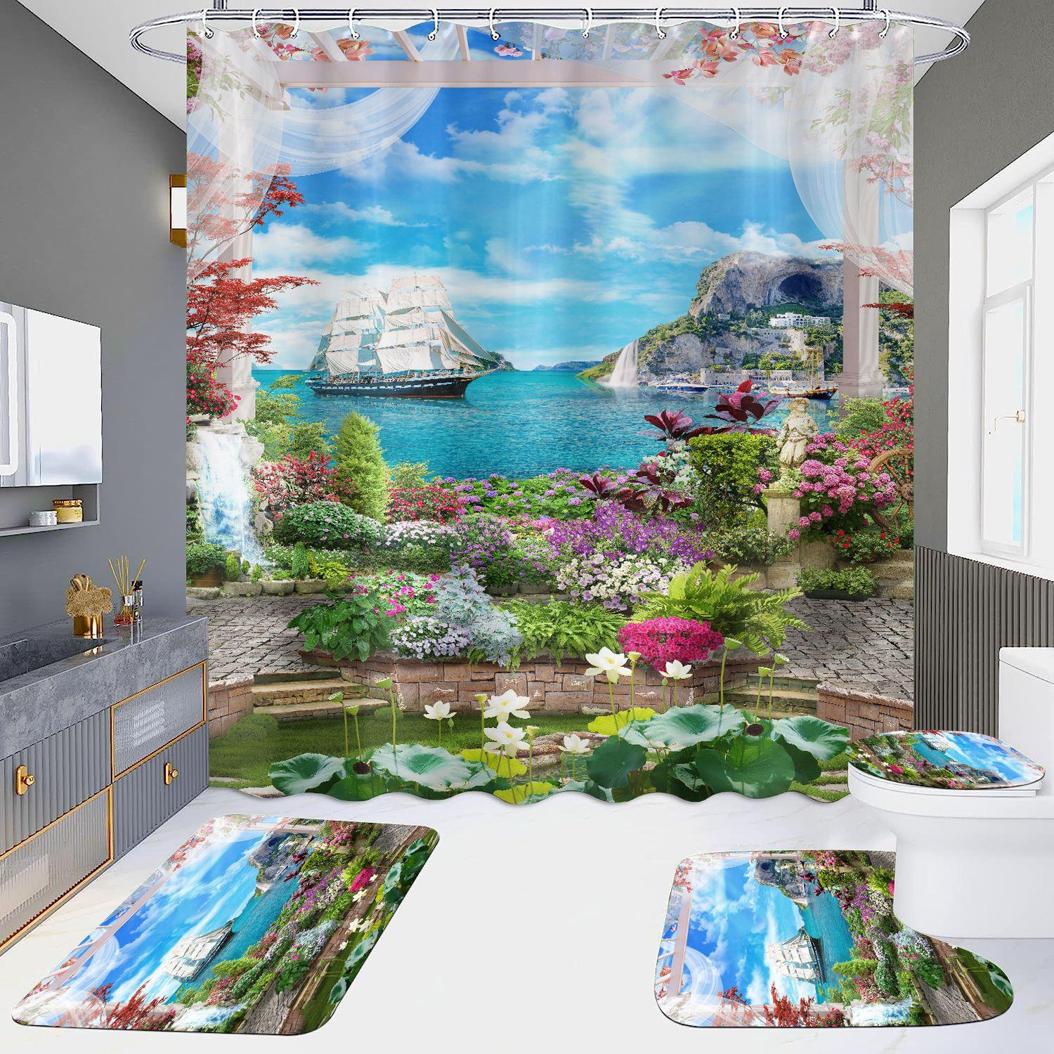 

4Pcs Mandala Castle Architecture Європейський стиль Набори завіс для душу для ванної кімнати Нековзкі килимки для ванної кімнати Кришка для унітазу Килимок для ванної кімнати