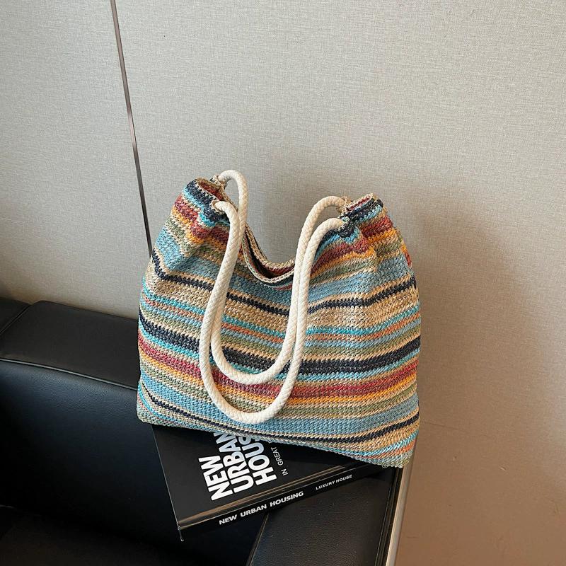 

Yogodlns Summer Straw Woven Large Capacity Shoulder Bags Colorful Stripes Ladies Bags Beach Commuting Travel Handbag 34x13x32cm разноцветный