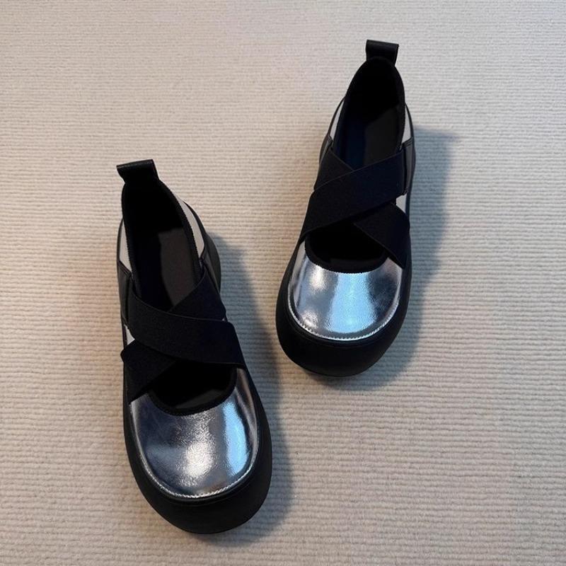 One Pedal Big Head Silver Soft Sole Small Man Runaway Platform Shoes Women's New Cross Strap Mary Jane Shoes