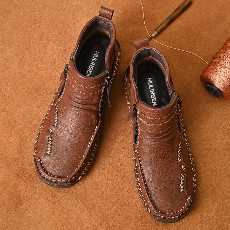 Men's Leather Boots Zipper High Top Casual Shoes