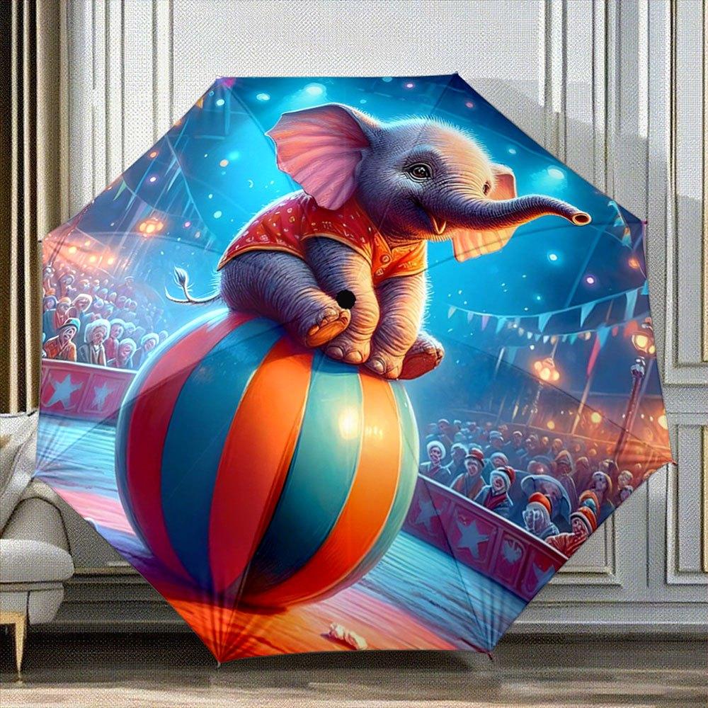 

Circus Elephant on Balancing Ball Folding Umbrella - Open/Close, 8-Rib Compact Portable Umbrella with Elephant-Shaped Handle, (as the picture,iron&8K)