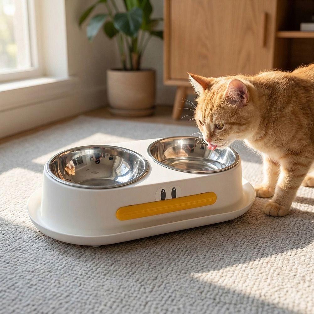 Stainless Steel Dog Double Bowl Large Capacity Anti Knock Pet Drinking Bowl with Stand Cute Duck Shape Anti Slip
