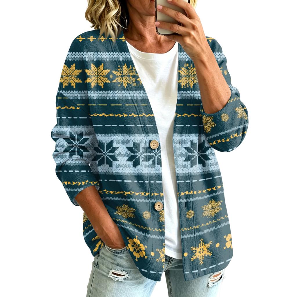 Women's Casual Button-Front Christmas Print Jacket
