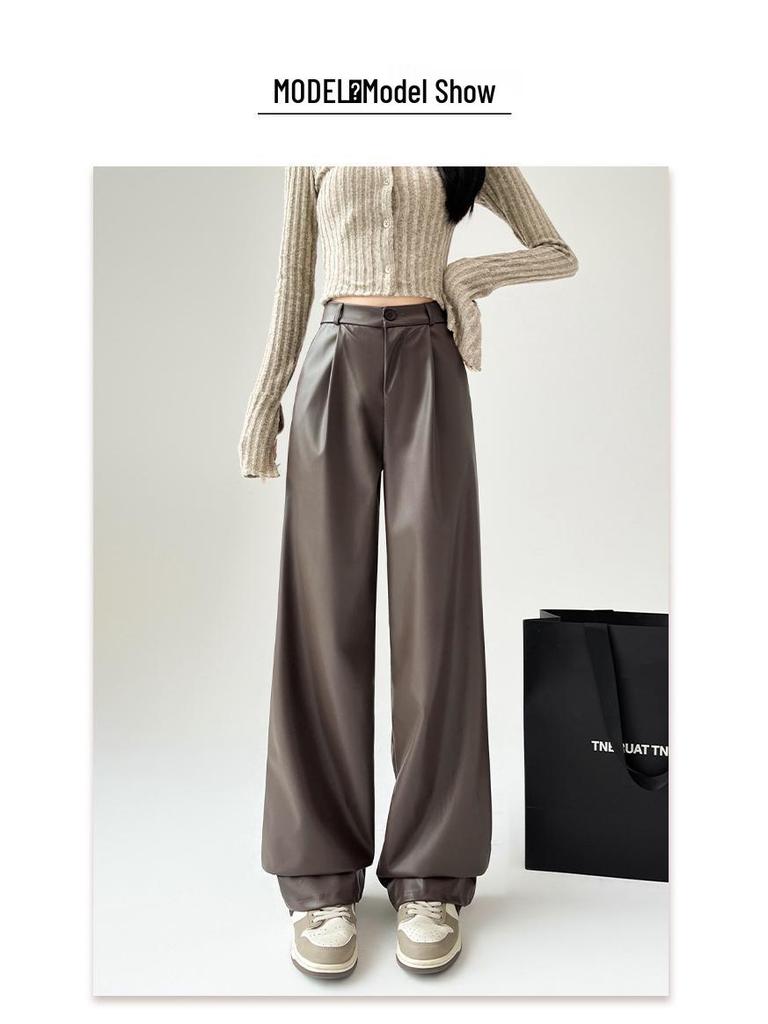 Women's 2025 Black Leather Wide-Leg Slimming High-Waisted Pants