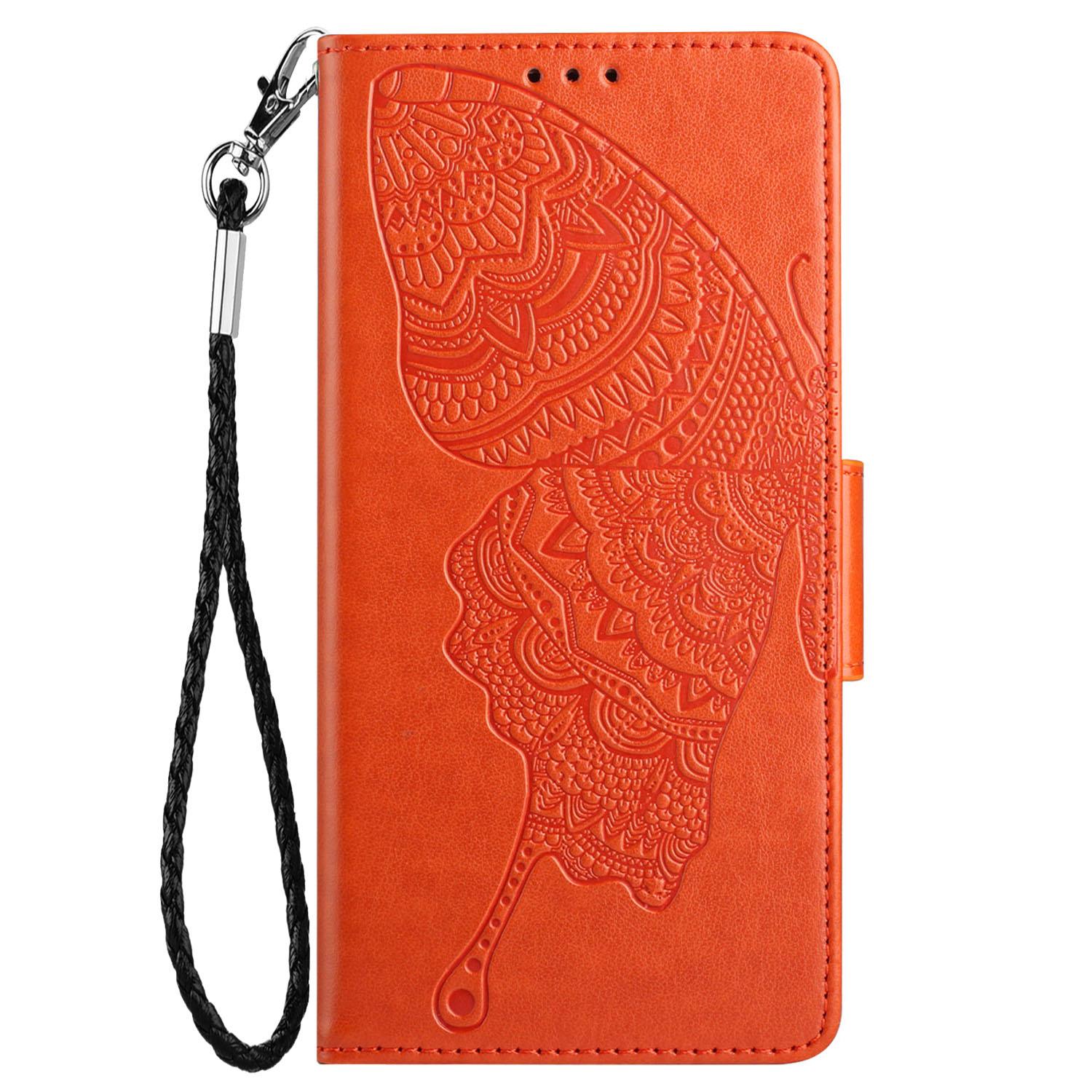 

For Xiaomi 11T/11T Pro Butterfly Flower Imprinted Phone Case Magnetic Closure PU Leather Cover Wallet Stand Folio Phone Case with Strap Orange