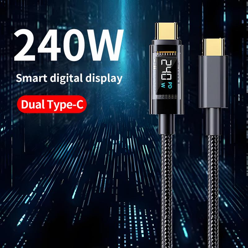 240W Smart Fast Charging Transparent Data Cable with Real-time Digital Display, Compatible with Apple, Huawei, Honor, and Android Devices.