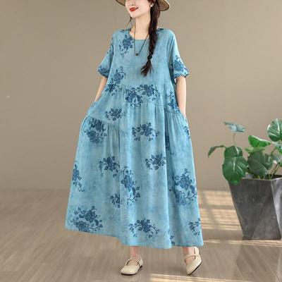 Krátký rukáv Plus size Bavlněné vintage květinové nové šaty pro ženy ležérní volné dlouhé letní šaty
