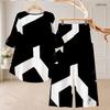 Women Plus Size Two Piece Pant Set Round Neck Half Sleeve Black White Printed High Low Top Wide Leg Pants