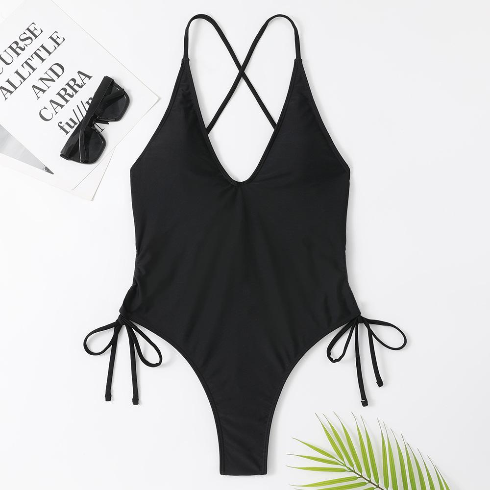 2023 European  American Style Women s Sexy Strappy One-Piece Solid  Printed Bikini Swimwear