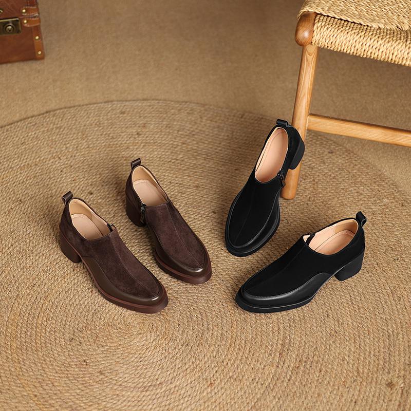 Krazing Pot Suede Autumn Winter Shoes Chunky Heels Size 43 Size 42 Round Toe Slip On Deep Mouth Retro Fashion Pumps