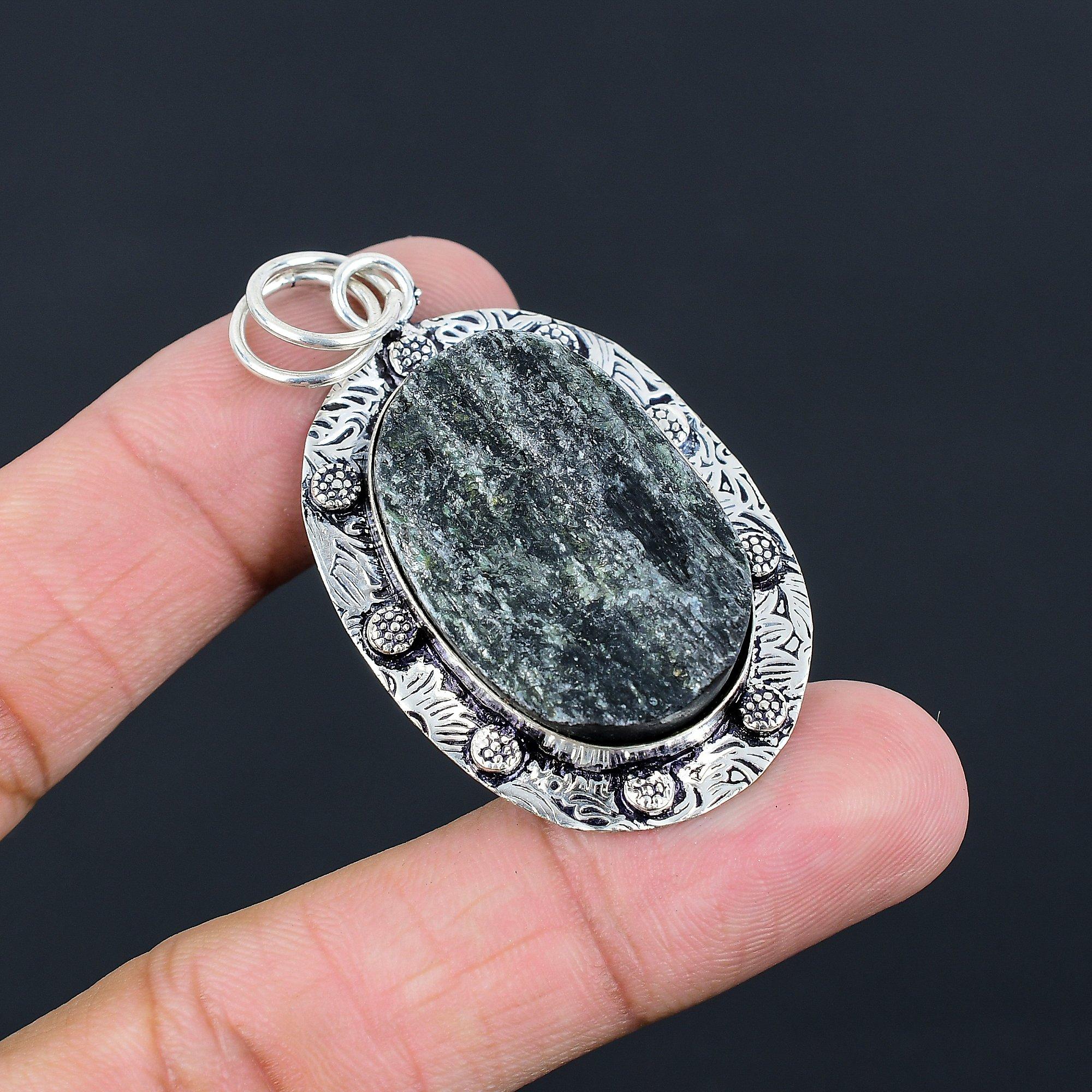Oval Black Tourmaline Rough Gemstone Sterling Silver Engagement Daughter Pendant