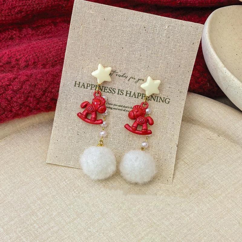 Boucles d'oreilles Cheval Rouge Simples Élégantes Coréennes Mignonnes Douces Nouvel An Boucles d'oreilles Rouges Puces d'oreilles Accessoires de Bijouterie Cadeaux de Nouvel An
