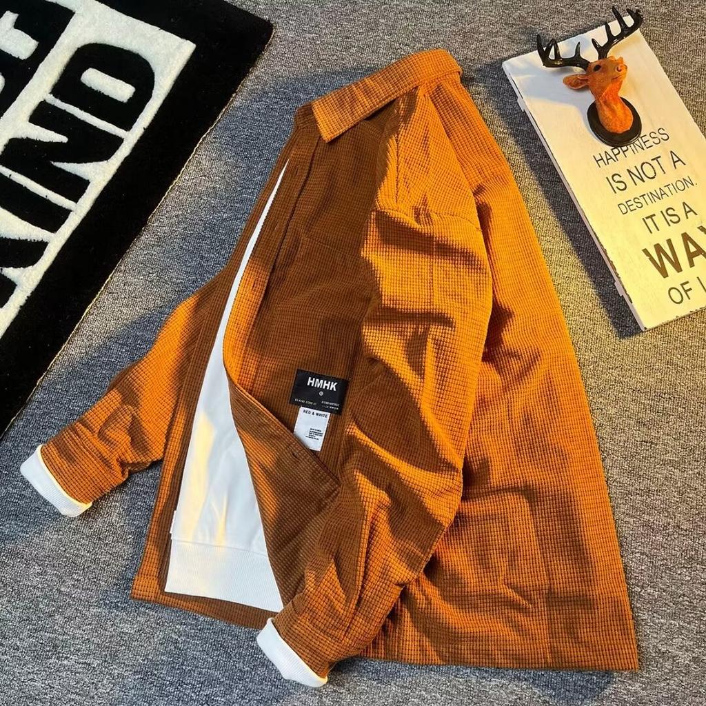 Men's Waffle-weave Japanese Retro Shirt, Youth Spring and Autumn Oversized Long-sleeved Loose-fitting Casual Workwear Jacket