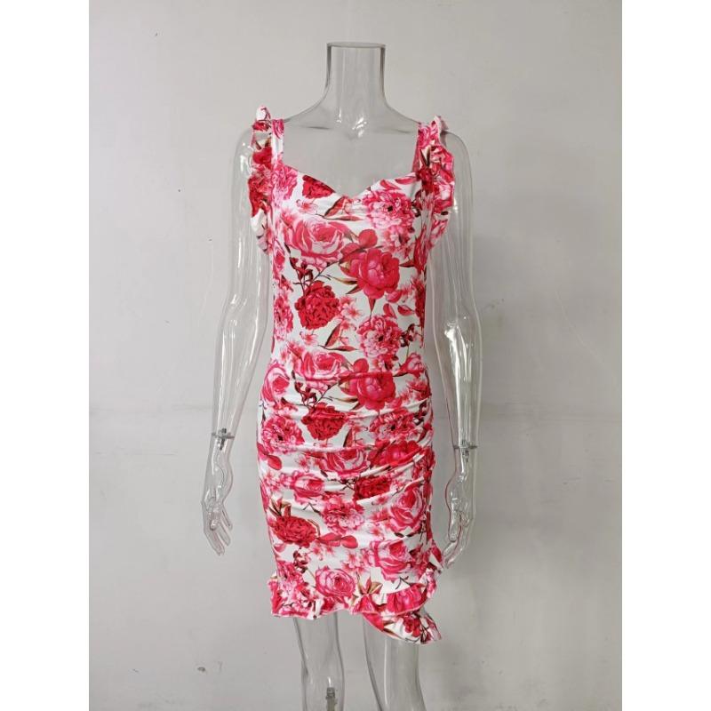 Summer Women Floral Print Butterfly Sleeve Bodycon Dress Ruffle V Neck Bandage Casual Short Sundress Female Beach Spaghetti Strap Mini Dress