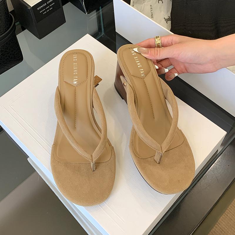 Fashion SUOJIALUN 2025 New Brand Women Sandal Fashion Narrow Band Ladies Elegant High Wedge Heel Slip On Flip Flops Outdoor Dress Sandal