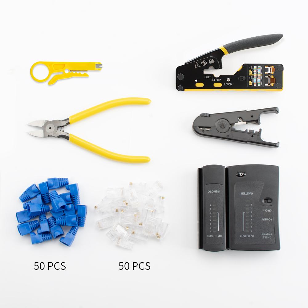 8 In 1 RJ45 Crimp Tool Kit,Crimper tool,Cable Tester,Wire Cutter,Blades,50Pcs Cat 6 Connectors and Strain Relief Boots