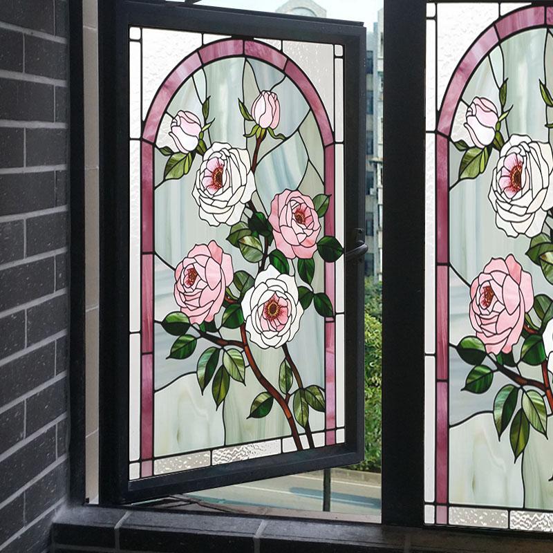 Retro Rose Glass Film Static Cling Self-adhesive Stained Glass Stickers Flower Art Painting Privacy Protection Window Film