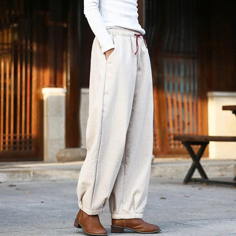 Johnature Women Vintage Cotton Linen Pants Elastic Waist Solid Color Trouser Thick Winter Warm Straight Pants