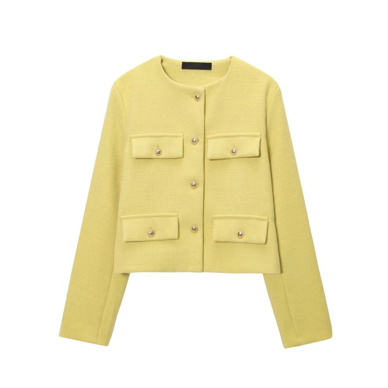 Summer New Product Women's Clothes French Style Classic Style round Neck Long Sleeves Flip Decoration Short Jacket 3046278