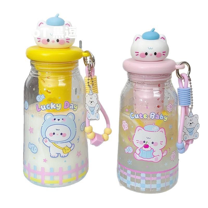 Water bottle kitten water cup plastic cup student portable straw cup summer high value large capacity girl cute straw cup