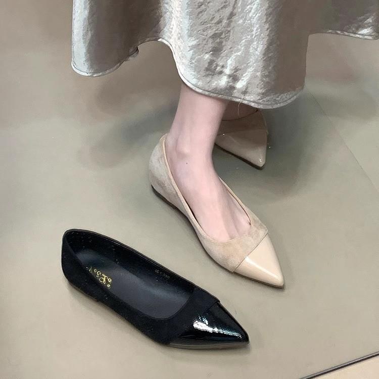 Soft leather version flat shoes French versatile 2025 spring new pointed inner height increase with skirt splicing commuter shoes
