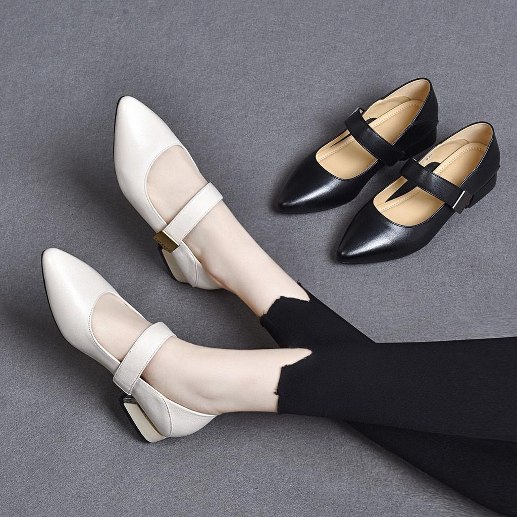 Pointed single shoes Mary Jane shoes spring simple temperament light mouth low heel square buckle women's flat shoes