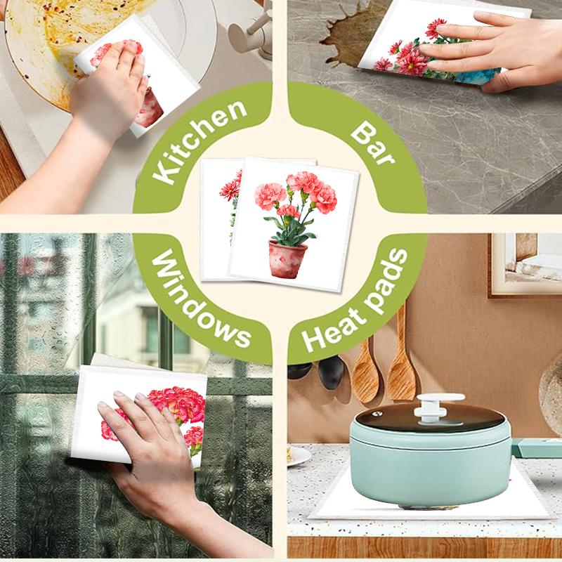 Cleaning Cloth Reusable Kitchen Dish Towels Eco-friendly Microfiber Flowerpot Print Dishcloths Lint Free Washable Duster Rags Tea Towels 9*7inch